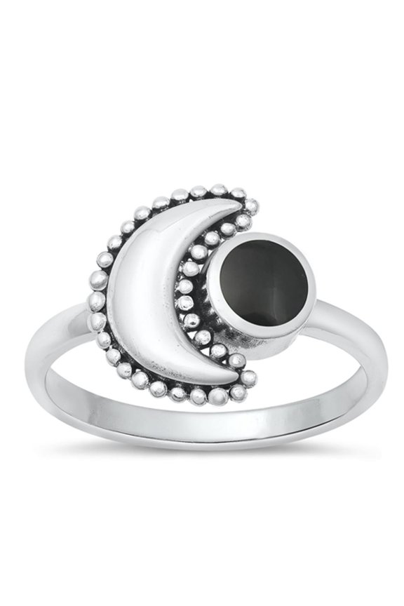 CHOOSE YOUR COLOR Black Simulated Agate Wholesale Bali Moon Ring .925 Sterling Silver Band CZ Female Size 10