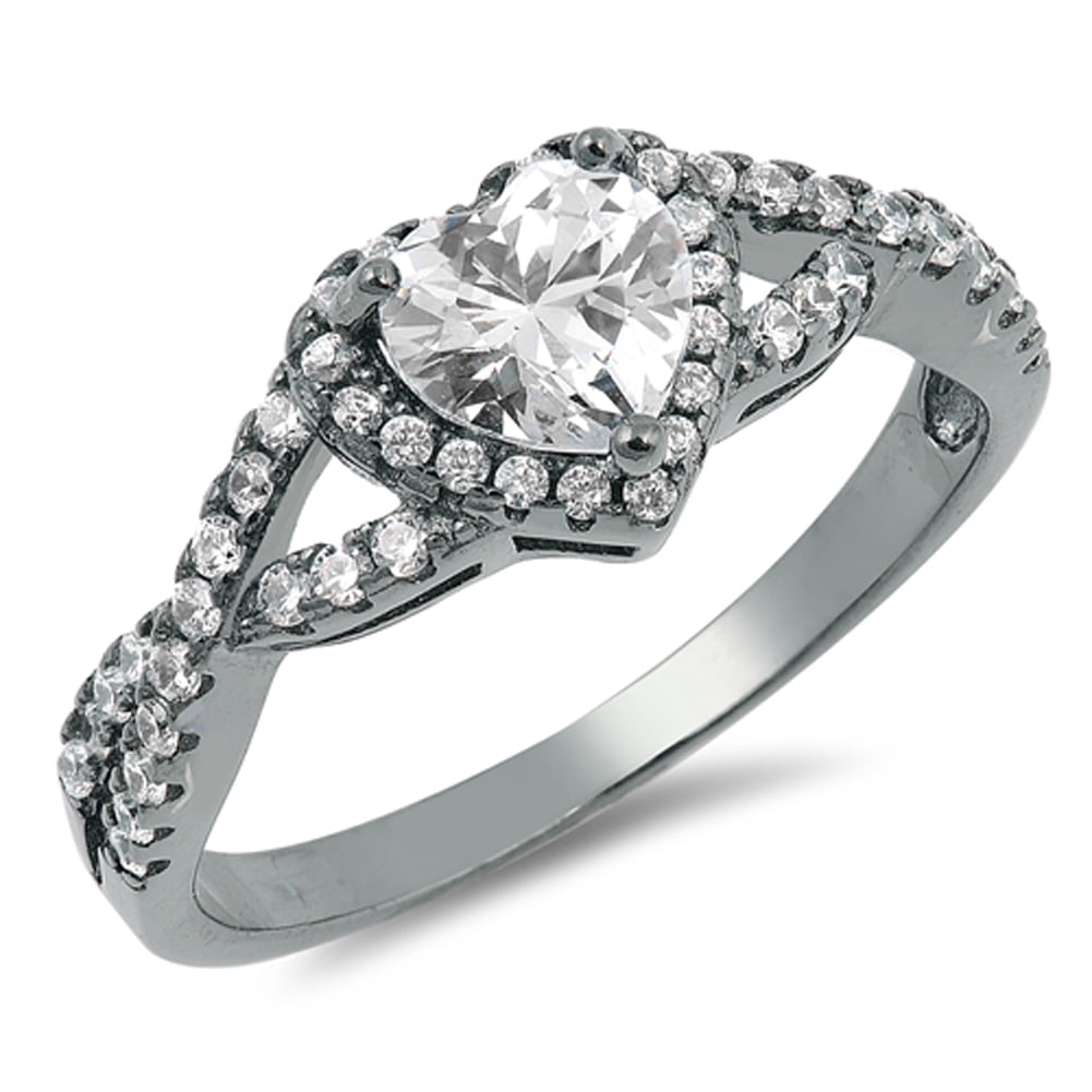 CHOOSE YOUR COLOR Black-Tone Clear CZ Heart Promise Ring .925 Sterling Silver Band White Female Size 5