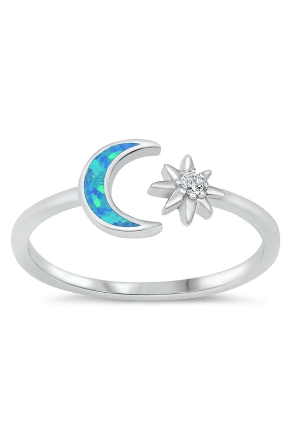 CHOOSE YOUR COLOR Blue Simulated Opal Adjustable Moon Star Ring .925 Sterling Silver Band White CZ Female Size 5
