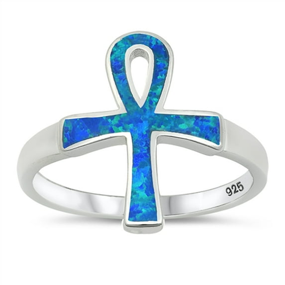 CHOOSE YOUR COLOR Blue Simulated Opal Ankh Loop Cross Wide Ring .925 Sterling Silver Band CZ Female Size 6