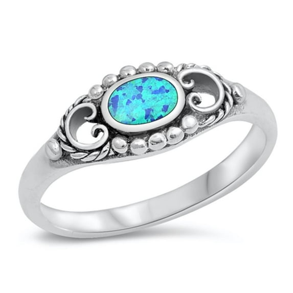 CHOOSE YOUR COLOR Blue Simulated Opal Bali Ring .925 Chic Sterling Silver Band CZ Female Size 10