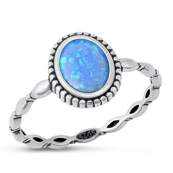 CHOOSE YOUR COLOR Blue Simulated Opal Bali Ring .925 Sterling SilverOval Band CZ Female Size 10