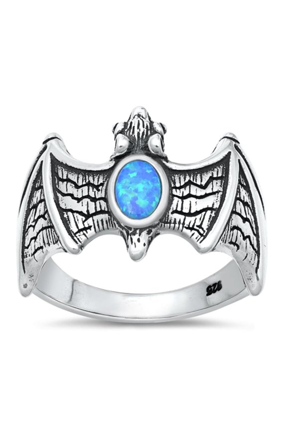 CHOOSE YOUR COLOR Blue Simulated Opal Bat Ring .925 Sterling Silver Gothic Band CZ Female Size 10