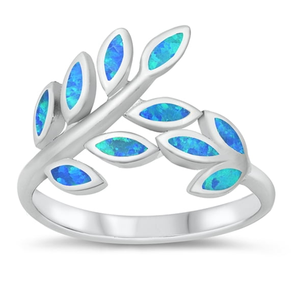 CHOOSE YOUR COLOR Blue Simulated Opal Branch Wrap Leaf Ring .925 Sterling Silver Band CZ Female Size 5