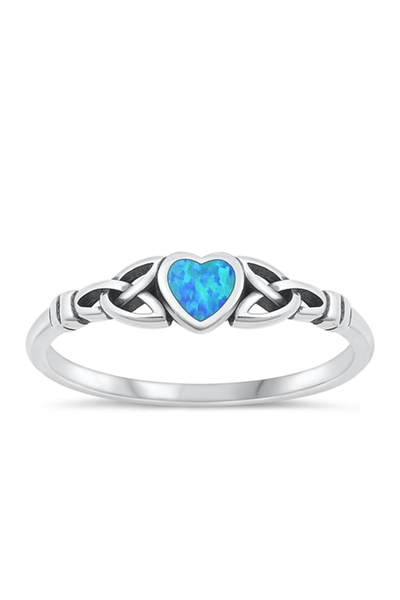 CHOOSE YOUR COLOR Blue Simulated Opal Celtic Knot Heart Ring .925 Sterling Silver Band CZ Female Size 6