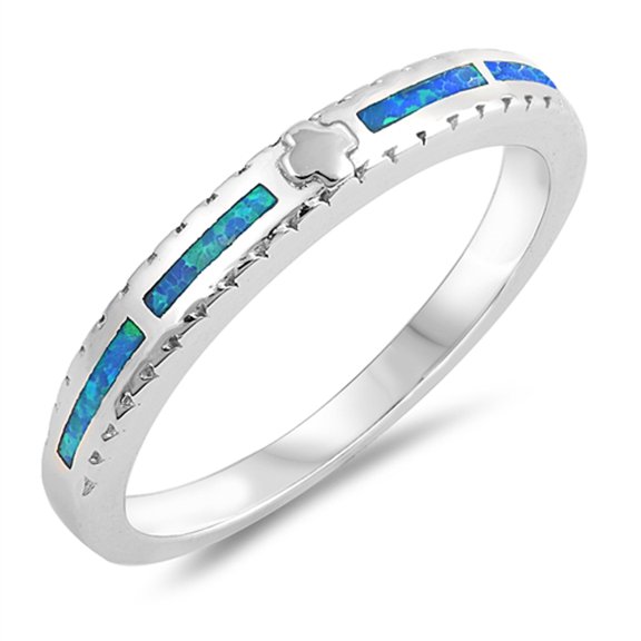 CHOOSE YOUR COLOR Blue Simulated Opal Christian Greek Cross Ring Sterling Silver Accent Band CZ Female Size 8