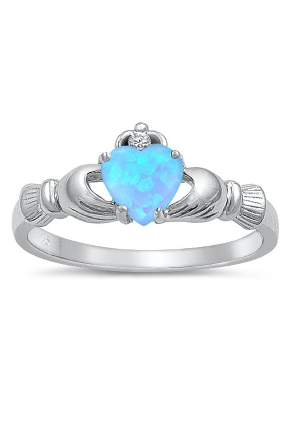 CHOOSE YOUR COLOR Blue Simulated Opal Claddagh Promise Ring .925 Sterling Silver Band White CZ Female Size 9