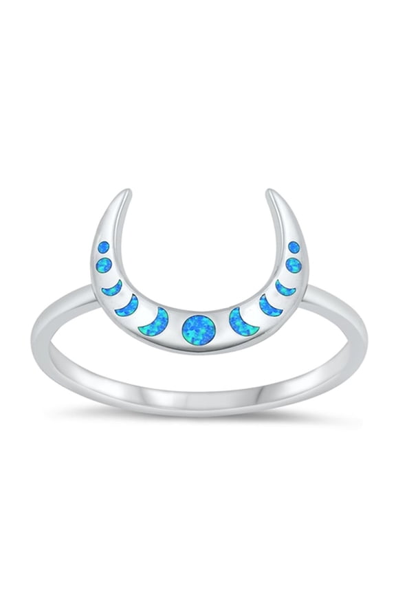 CHOOSE YOUR COLOR Blue Simulated Opal Crescent Moon Phases Ring Sterling Silver Band CZ Female Size 9