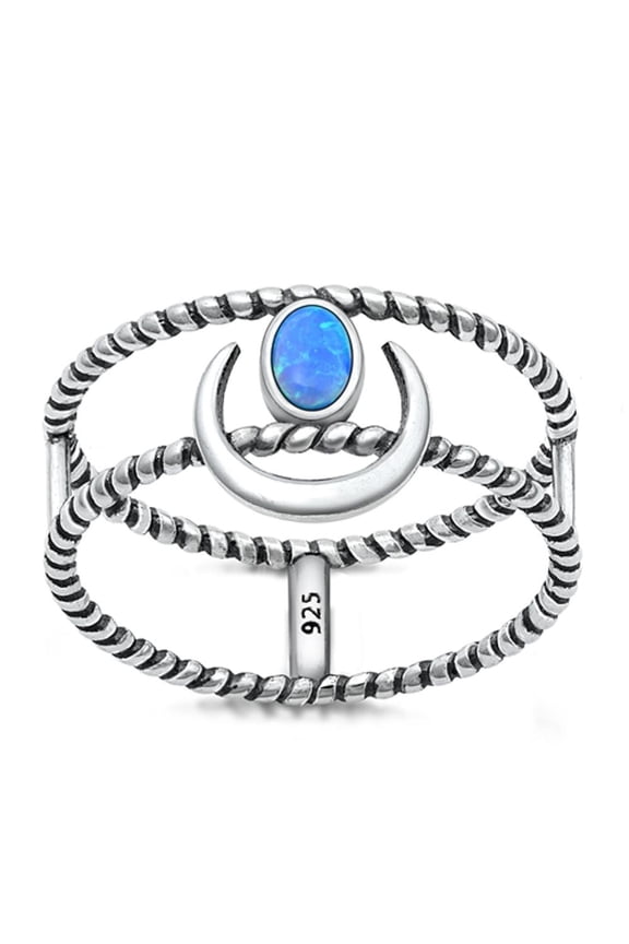 CHOOSE YOUR COLOR Blue Simulated Opal Crescent Moon Ring 925 Sterling Silver Band CZ Female Size 5