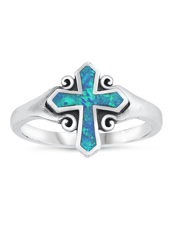 CHOOSE YOUR COLOR Blue Simulated Opal Cross Oxidized Ring .925 Sterling Silver Band CZ Female Size 5