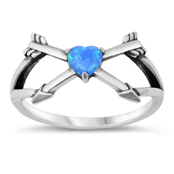 CHOOSE YOUR COLOR Blue Simulated Opal Cupid Arrow Love Ring .925 Sterling Silver Band CZ Female Size 10