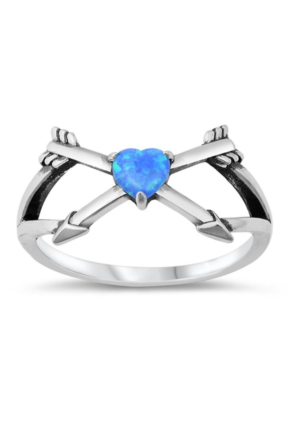 CHOOSE YOUR COLOR Blue Simulated Opal Cupid Arrow Love Ring .925 Sterling Silver Band CZ Female Size 6