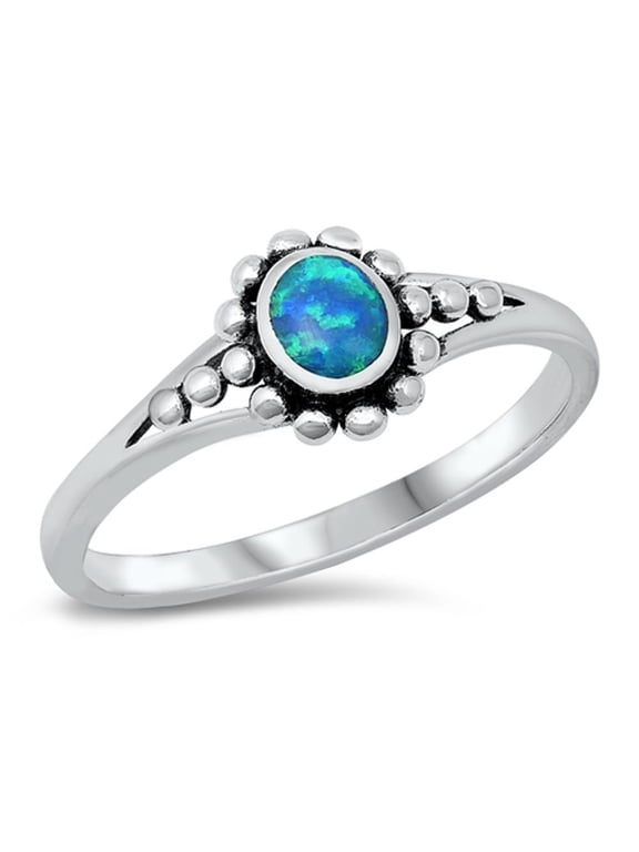 CHOOSE YOUR COLOR Blue Simulated Opal Dotted Oval Sterling Silver Ring CZ 925 Female Size 4