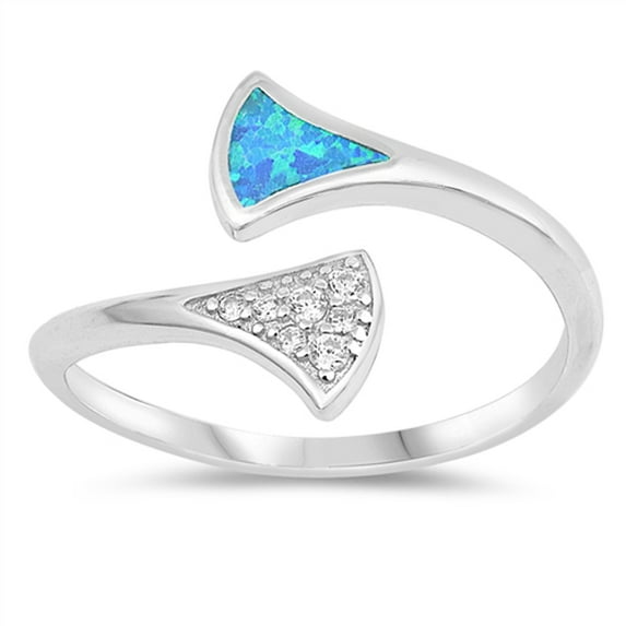 CHOOSE YOUR COLOR Blue Simulated Opal Double Shank Adjustable Midi Ring Sterling Silver Band White CZ Female Size 5