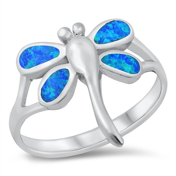 CHOOSE YOUR COLOR Blue Simulated Opal Dragonfly Bug Ring .925 Sterling Silver CZ Female Size 5
