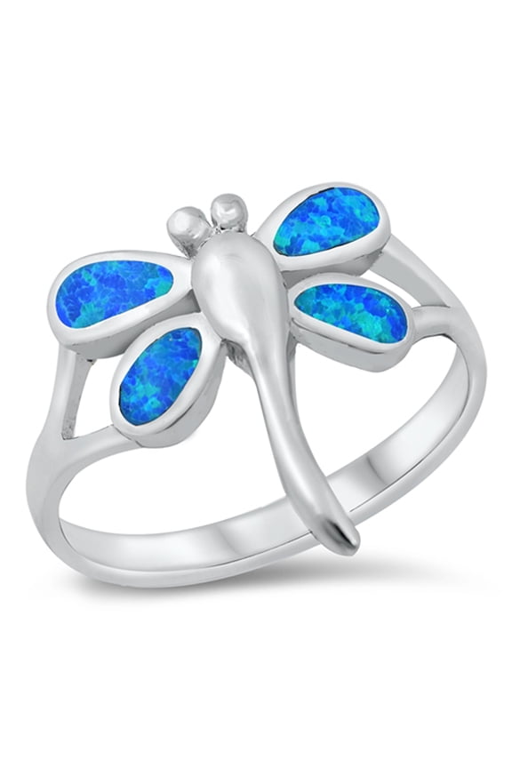 CHOOSE YOUR COLOR Blue Simulated Opal Dragonfly Bug Ring .925 Sterling Silver CZ Female Size 7