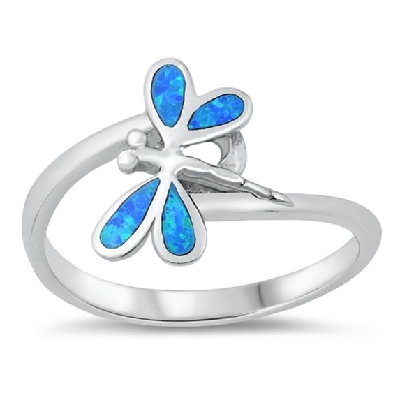 CHOOSE YOUR COLOR Blue Simulated Opal Dragonfly Garden Ring Bug .925 Sterling Silver Band CZ Female Size 7