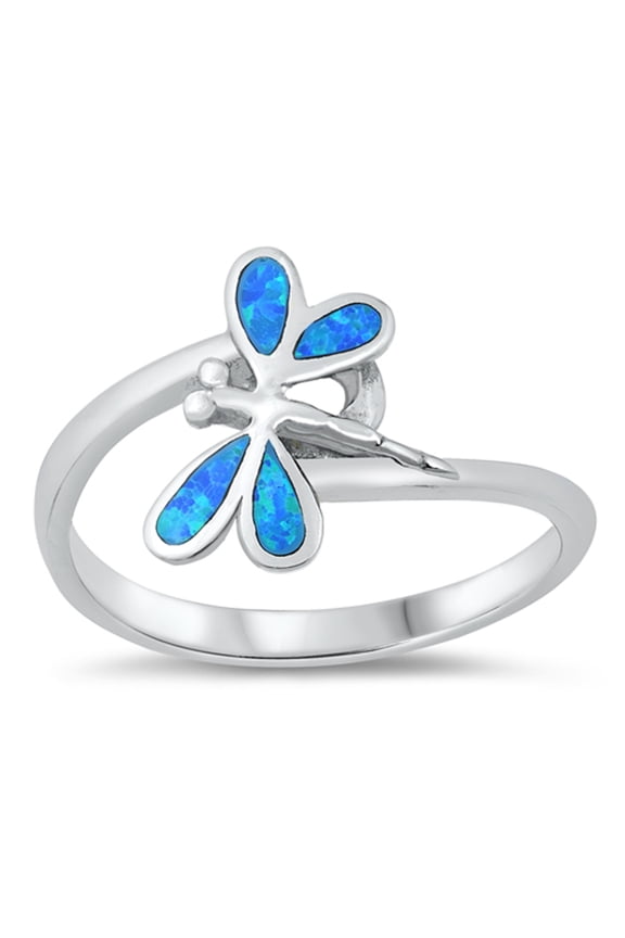 CHOOSE YOUR COLOR Blue Simulated Opal Dragonfly Garden Ring Bug .925 Sterling Silver Band CZ Female Size 7