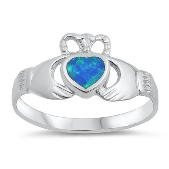CHOOSE YOUR COLOR Blue Simulated Opal Elegant Claddagh Ring 925 Sterling Silver Band CZ Female Size 5