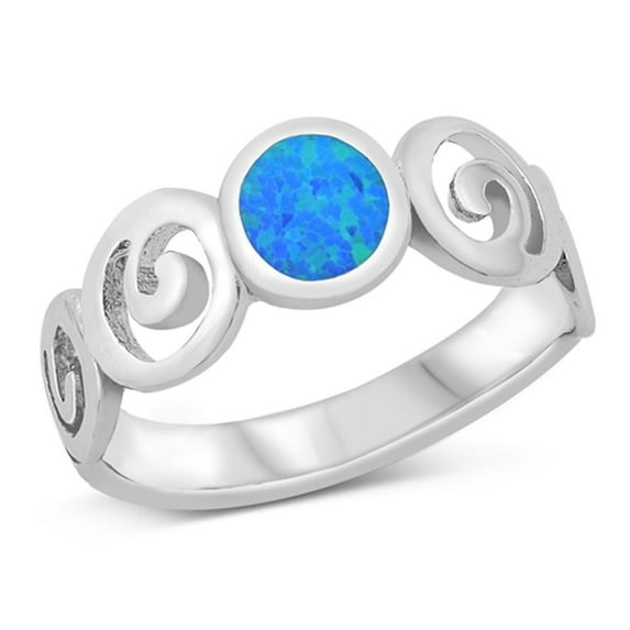 CHOOSE YOUR COLOR Blue Simulated Opal Elegant Filigree Swirl Ring .925 Sterling Silver Band CZ Female Size 9