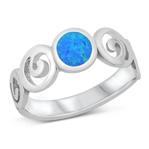 CHOOSE YOUR COLOR Blue Simulated Opal Elegant Filigree Swirl Ring .925 Sterling Silver Band CZ Female Size 9