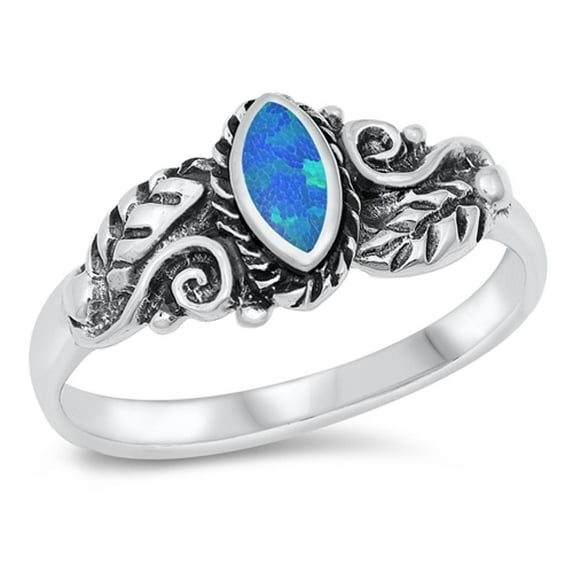CHOOSE YOUR COLOR Blue Simulated Opal Elegant Woodland Leaf Ring .925 Sterling Silver Band CZ Female Size 9
