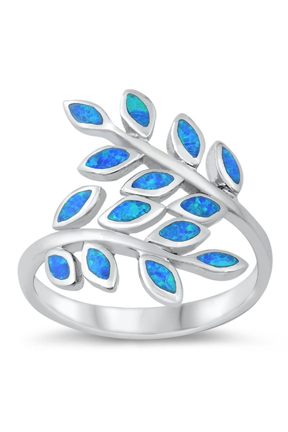 CHOOSE YOUR COLOR Blue Simulated Opal Fern Leaf Plant Wrap Ring .925 Sterling Silver CZ Female Size 8