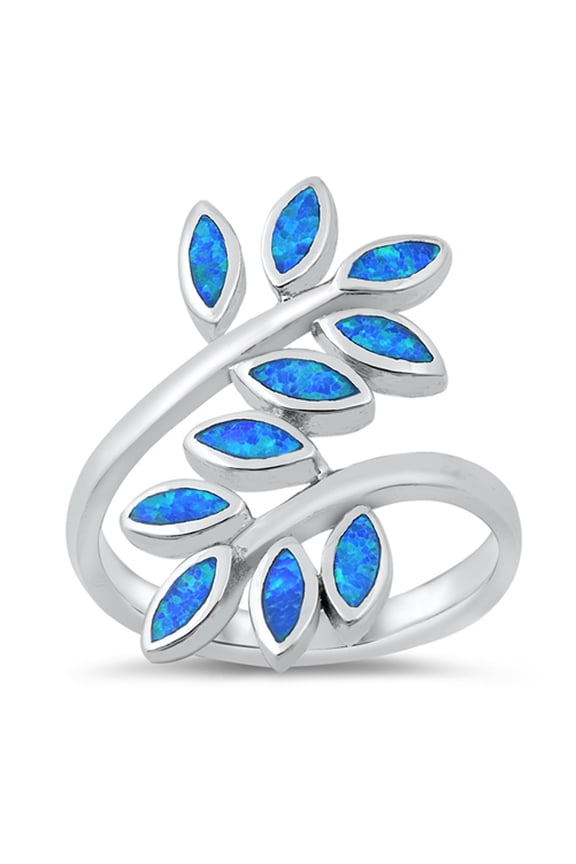 CHOOSE YOUR COLOR Blue Simulated Opal Fern Leaf Wrap Plant Ring .925 Sterling Silver Band CZ Female Size 5