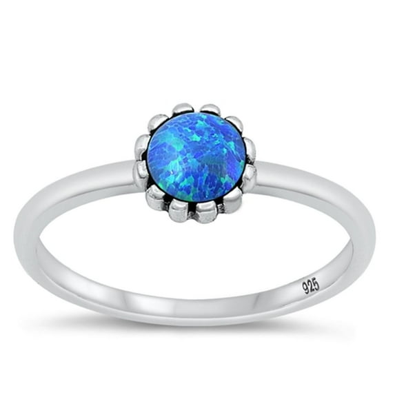 CHOOSE YOUR COLOR Blue Simulated Opal Flower Ring .925 Chic Sterling Silver Band CZ Female Size 10