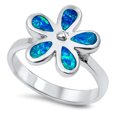 thumbnail image 1 of CHOOSE YOUR COLOR Blue Simulated Opal Flower Ring .925 Sterling Silver Band CZ Female Size 9, 1 of 4