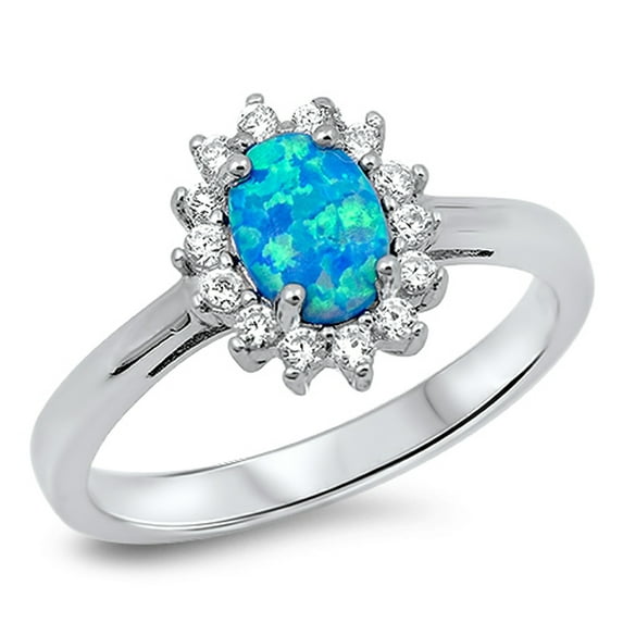 CHOOSE YOUR COLOR Blue Simulated Opal Flower Sun Ring .925 Sterling Silver Band White CZ Female Size 11