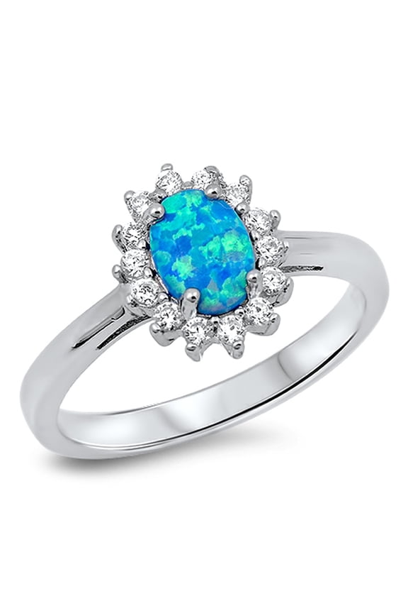 CHOOSE YOUR COLOR Blue Simulated Opal Flower Sun Ring .925 Sterling Silver Band White CZ Female Size 8