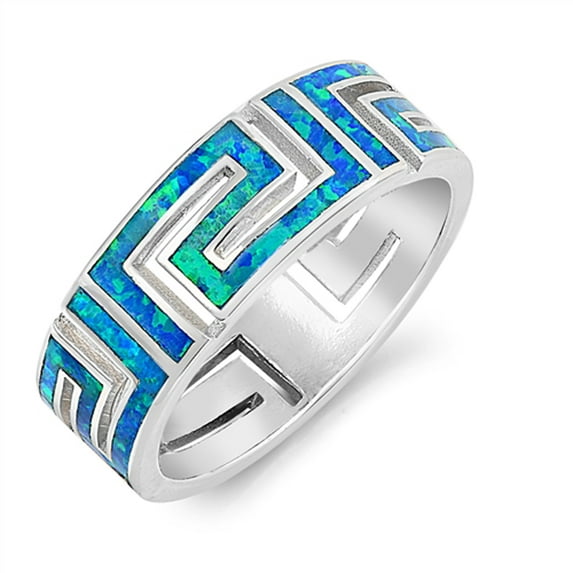 CHOOSE YOUR COLOR Blue Simulated Opal Greek Key Filigree Wide Ring .925 Sterling Silver Band CZ Female Size 6
