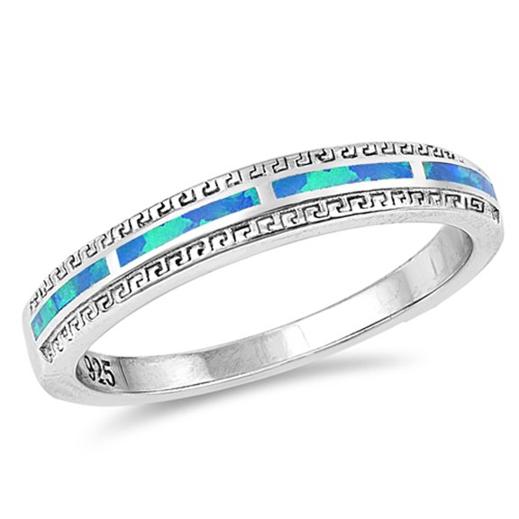 CHOOSE YOUR COLOR Blue Simulated Opal Greek Key Inlay Wedding Ring Sterling Silver Band CZ Female Size 5