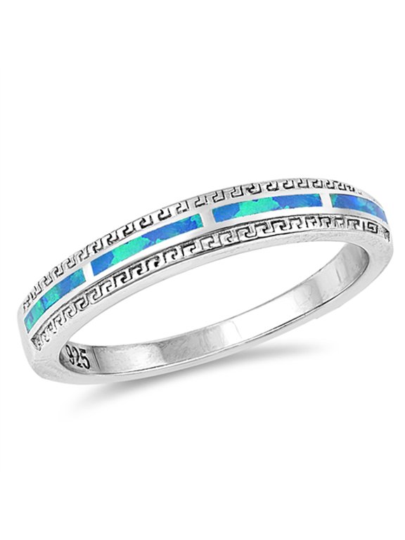 CHOOSE YOUR COLOR Blue Simulated Opal Greek Key Inlay Wedding Ring Sterling Silver Band CZ Female Size 9