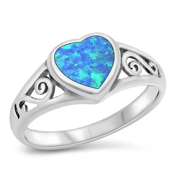 CHOOSE YOUR COLOR Blue Simulated Opal Heart Antiqued Swirl Wave Ring 925 Sterling Silver Band CZ Female Size 7