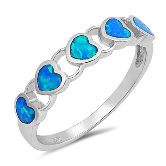 CHOOSE YOUR COLOR Blue Simulated Opal Heart Chain Link Ring .925 Sterling Silver Band CZ Female Size 5