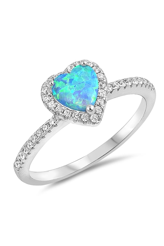 CHOOSE YOUR COLOR Blue Simulated Opal Heart Halo Delicate Setting Ring Sterling Silver Band White CZ Female Size 9