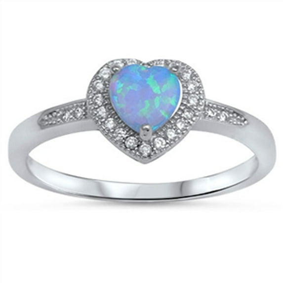 CHOOSE YOUR COLOR Blue Simulated Opal Heart Halo Promise Ring 925 Sterling Silver Band White CZ Female Size 8