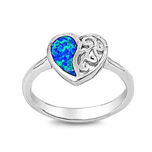 CHOOSE YOUR COLOR Blue Simulated Opal Heart Love Swirl Cutout Ring .925 Sterling Silver Band CZ Female Size 10