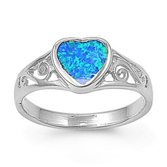 CHOOSE YOUR COLOR Blue Simulated Opal Heart Love Swirl Cutout Ring .925 Sterling Silver Band CZ Female Size 5
