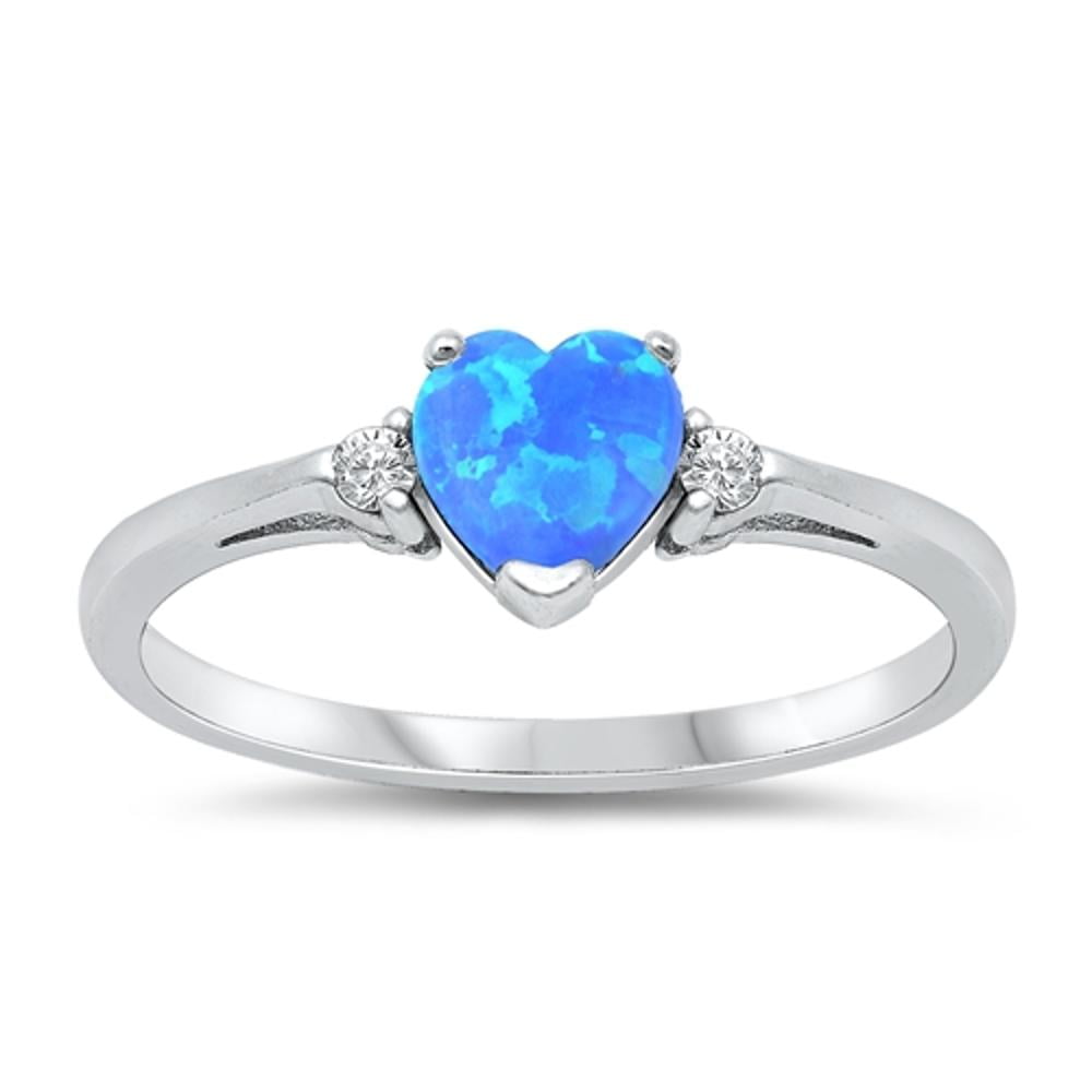 CHOOSE YOUR COLOR Blue Simulated Opal Heart Promise Ring .925 Sterling Silver Band White CZ Female Size 12