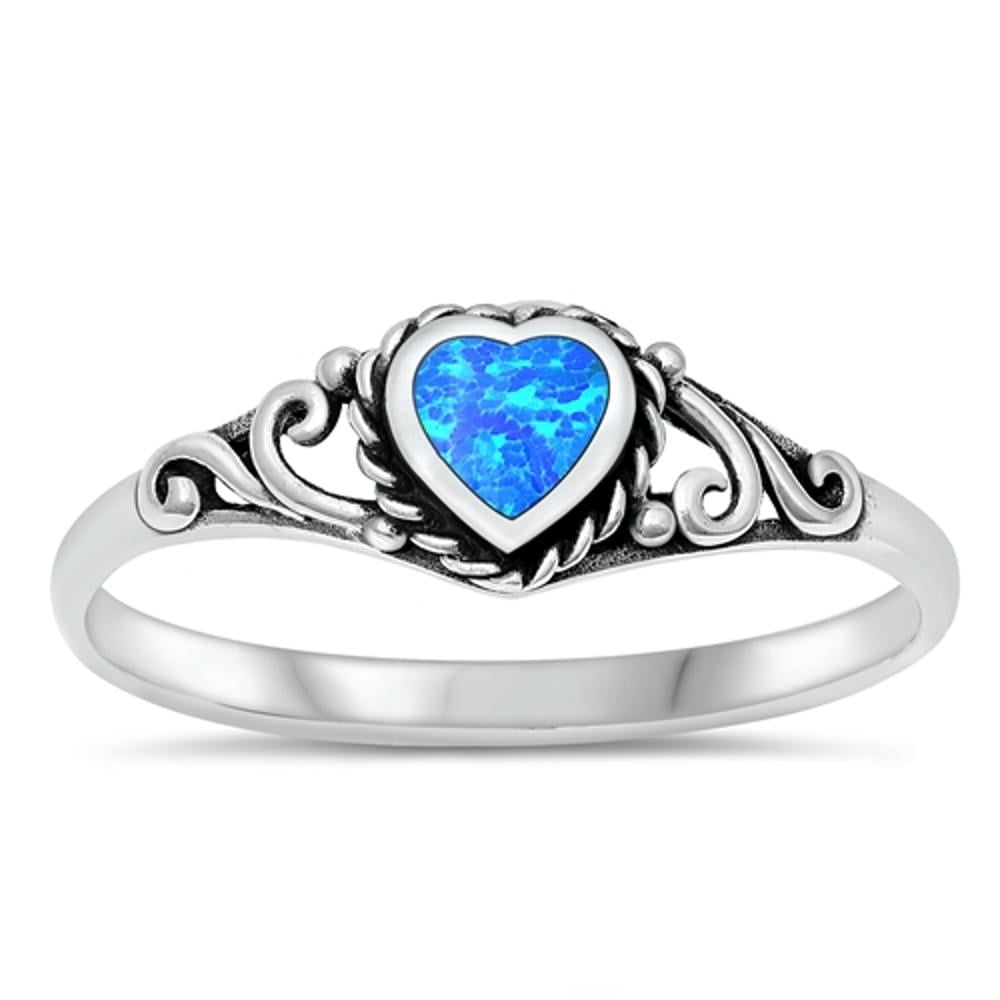Blue Simulated Opal Heart Promise Ring - .925 Sterling Silver Band, Size 11