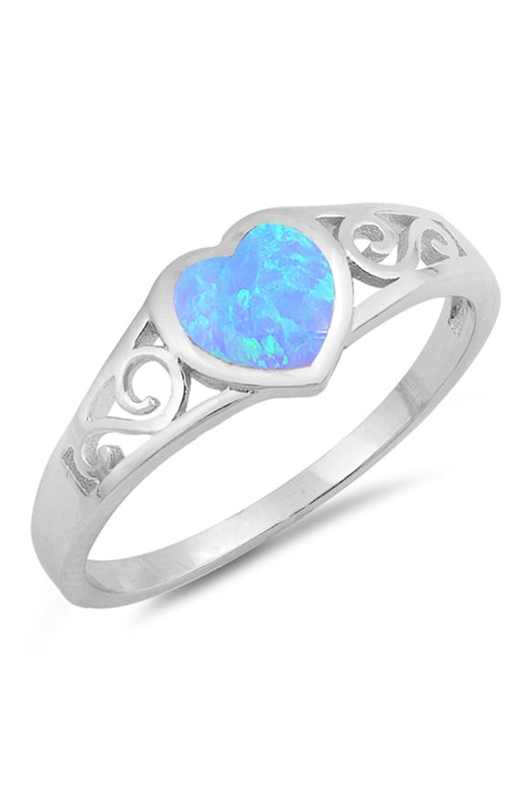 CHOOSE YOUR COLOR Blue Simulated Opal Heart Swirl Cutout Promise Ring Sterling Silver Band CZ Female Size 7