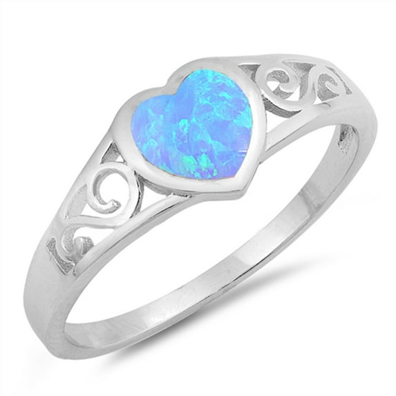 CHOOSE YOUR COLOR Blue Simulated Opal Heart Swirl Cutout Promise Ring Sterling Silver Band CZ Female Size 8