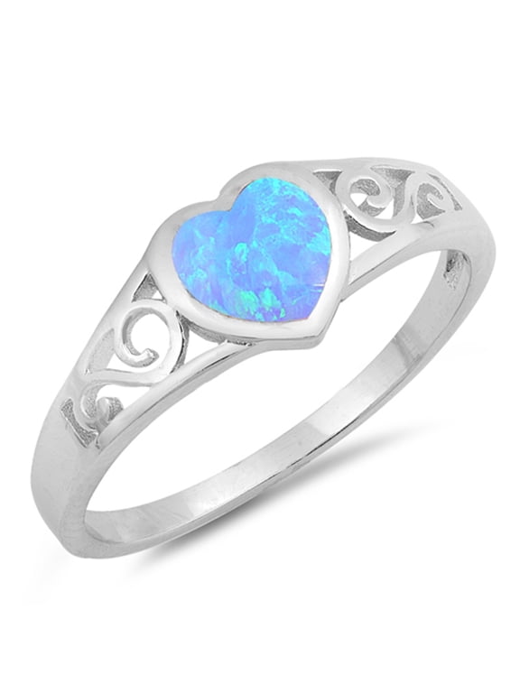 CHOOSE YOUR COLOR Blue Simulated Opal Heart Swirl Cutout Promise Ring Sterling Silver Band CZ Female Size 9