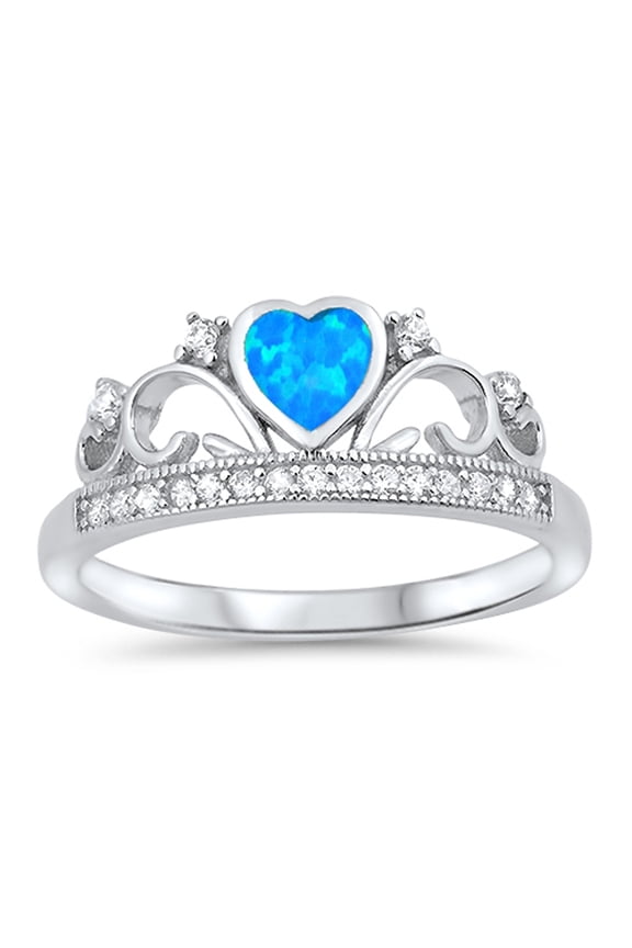 CHOOSE YOUR COLOR Blue Simulated Opal Heart Tiara Crown Promise Ring 925 Sterling Silver Band White CZ Female Size 11