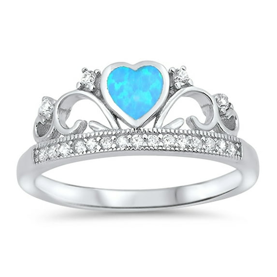 CHOOSE YOUR COLOR Blue Simulated Opal Heart Tiara Crown Promise Ring 925 Sterling Silver Band White CZ Female Size 7
