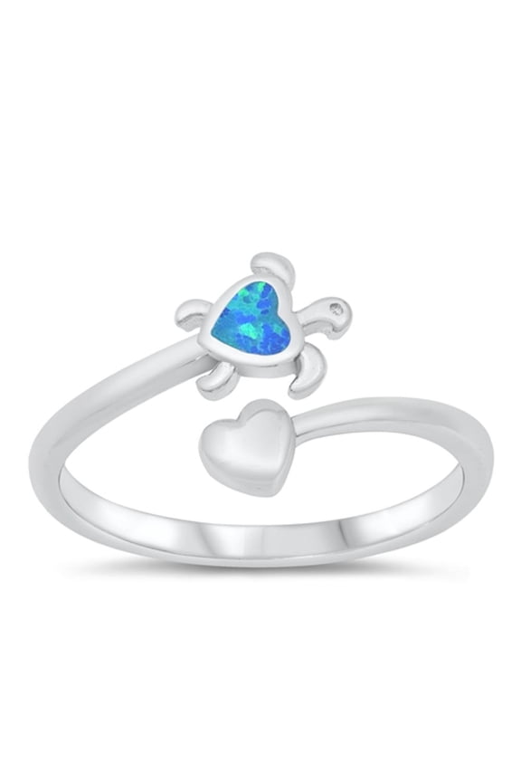 CHOOSE YOUR COLOR Blue Simulated Opal Heart Turtle Spoon Ring .925 Sterling Silver Band CZ Female Size 10