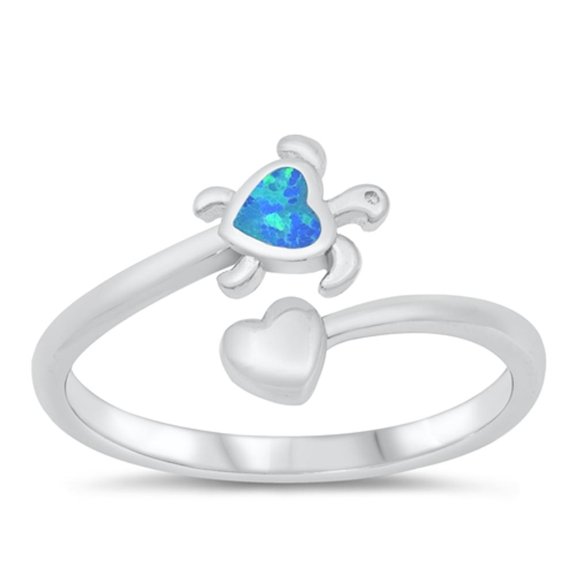 CHOOSE YOUR COLOR Blue Simulated Opal Heart Turtle Spoon Ring .925 Sterling Silver Band CZ Female Size 8